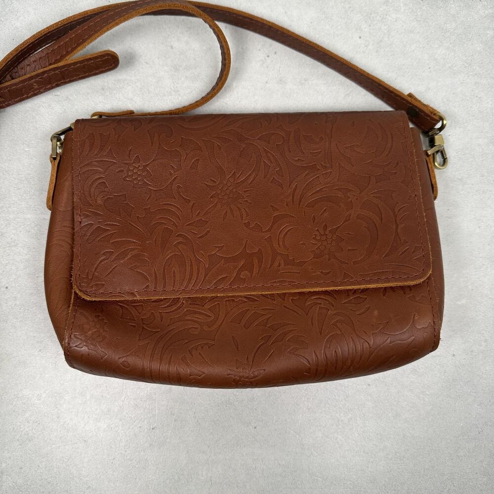 Portland Leather Goods Crossbody Bag Womens Small Brown Floral Embossed Western - Picture 2 of 15